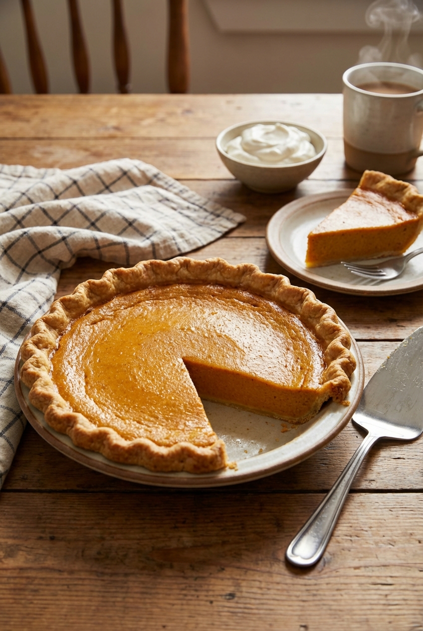 A freshly baked pumpkin pie with a golden crust on a wooden table, one slice removed, showing a smooth custard filling