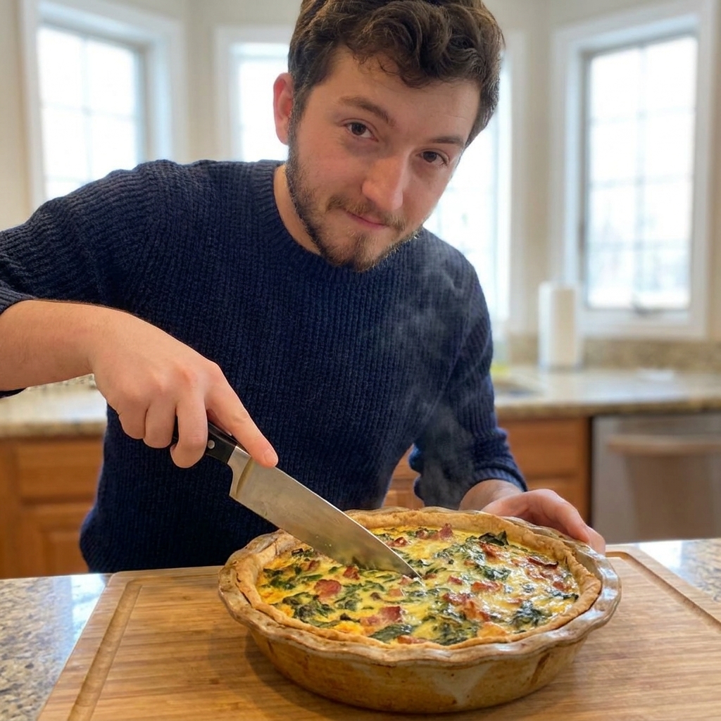 A freshly baked quiche in a ceramic pie dish being sliced with a sharp knife on a wooden cutting board in a home kitchen