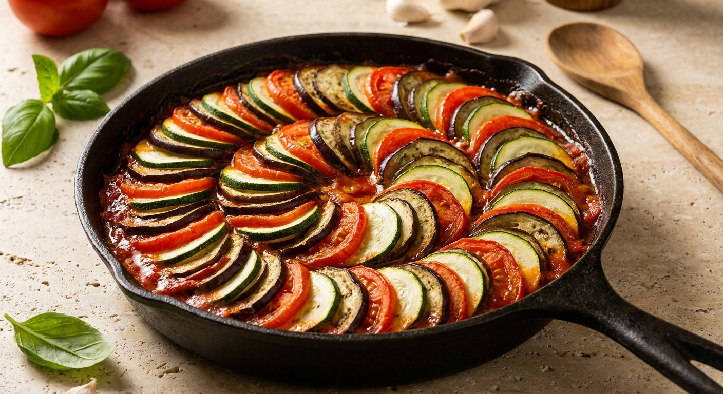 A freshly baked ratatouille with neatly layered zucchini, eggplant, and tomato slices in a round skillet, glossy tomato-pepper sauce bubbling at the edges on a light kitchen counter