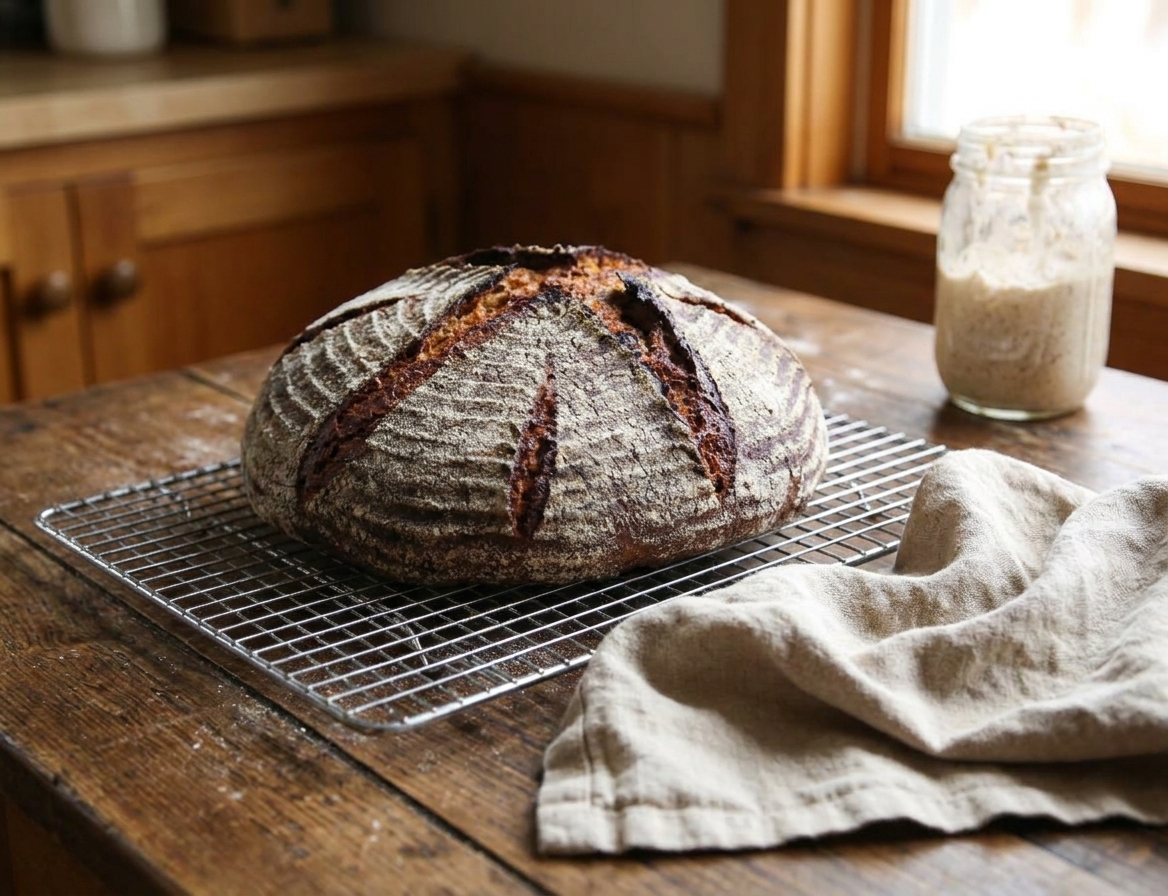 A freshly baked rye sourdough loaf cooling on a wire rack with a linen towel nearby on a bright kitchen counter