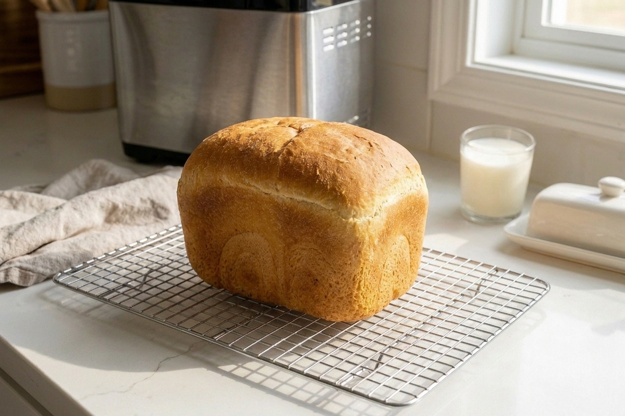 A freshly baked sandwich loaf cooling on a wire rack on a bright kitchen counter