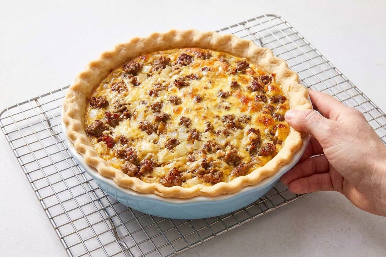 A freshly baked sausage quiche in a ceramic pie dish cooling on a wire rack with a golden top and lightly browned crust in a bright home kitchen
