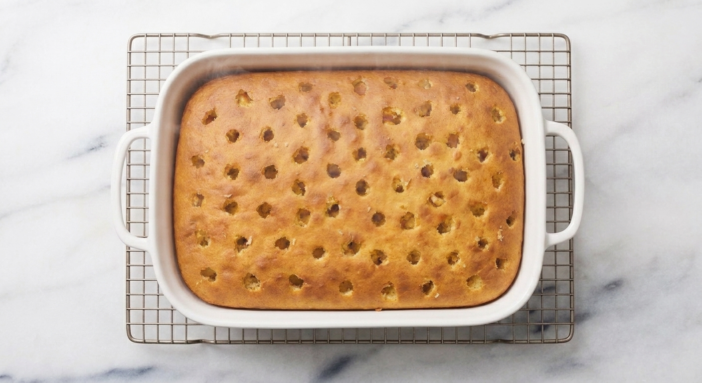 A freshly baked sheet cake cooling in a 9x13 pan on a kitchen counter with a wire rack nearby