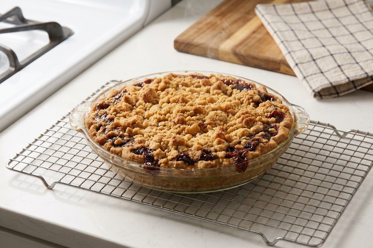 A freshly baked shoo fly pie cooling on a wire rack on a kitchen counter, crumb topping browned and rustic