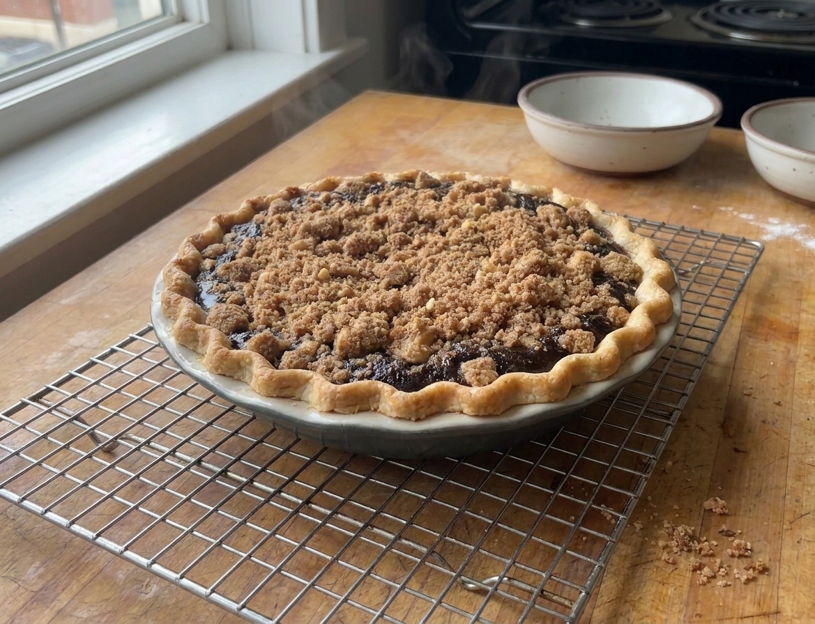 A freshly baked shoofly pie cooling on a wire rack, with a golden crumb topping and slightly puffed surface in a warm home kitchen