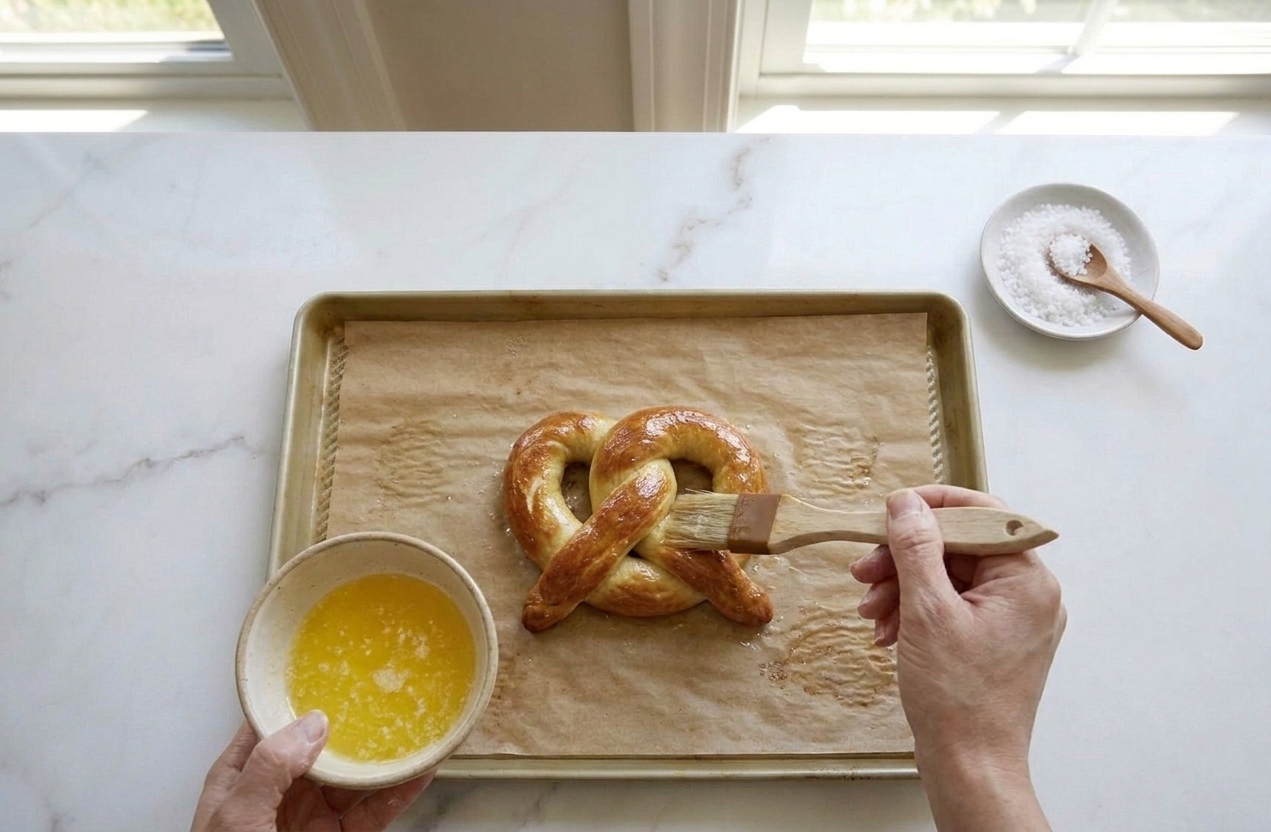 A freshly baked soft pretzel being brushed with melted butter on a baking sheet, with a small bowl of coarse salt nearby on the counter