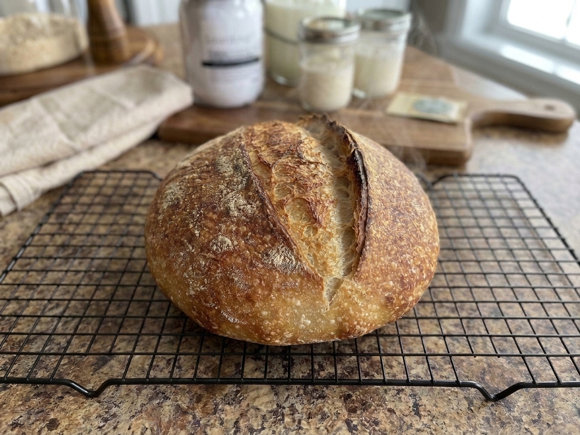 A freshly baked sourdough boule cooling on a wire rack with a crackly golden crust
