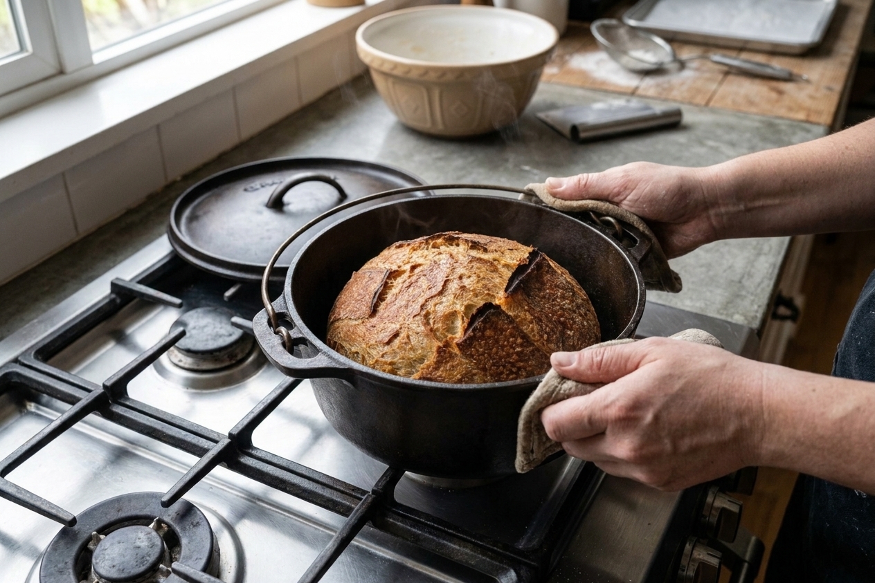 A freshly baked sourdough boule sitting inside an open cast iron Dutch oven on a stovetop