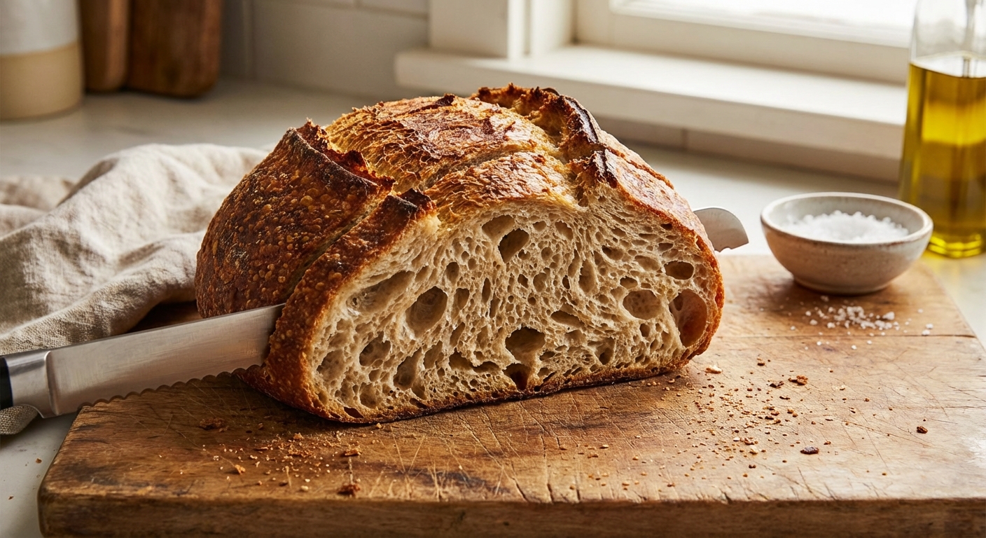 A freshly baked sourdough loaf being sliced on a cutting board showing an open, chewy crumb