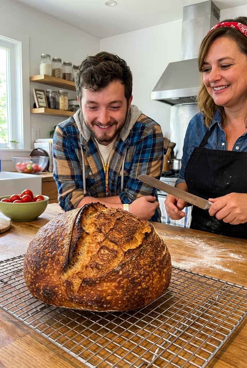 A freshly baked sourdough loaf cooling on a wire rack with a deep score and blistered crust