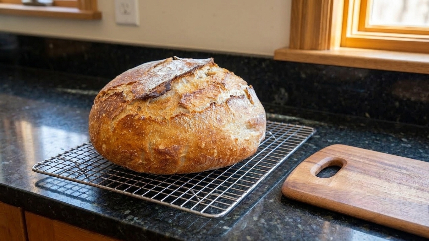 A freshly baked sourdough loaf cooling on a wire rack on a kitchen counter in warm natural light