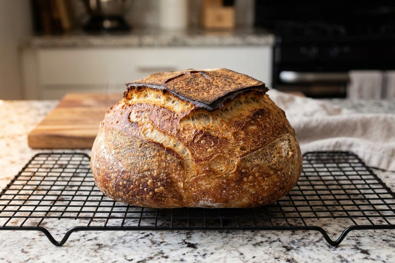 A freshly baked sourdough loaf cooling on a wire rack with a deeply golden, crackly crust in a warm home kitchen