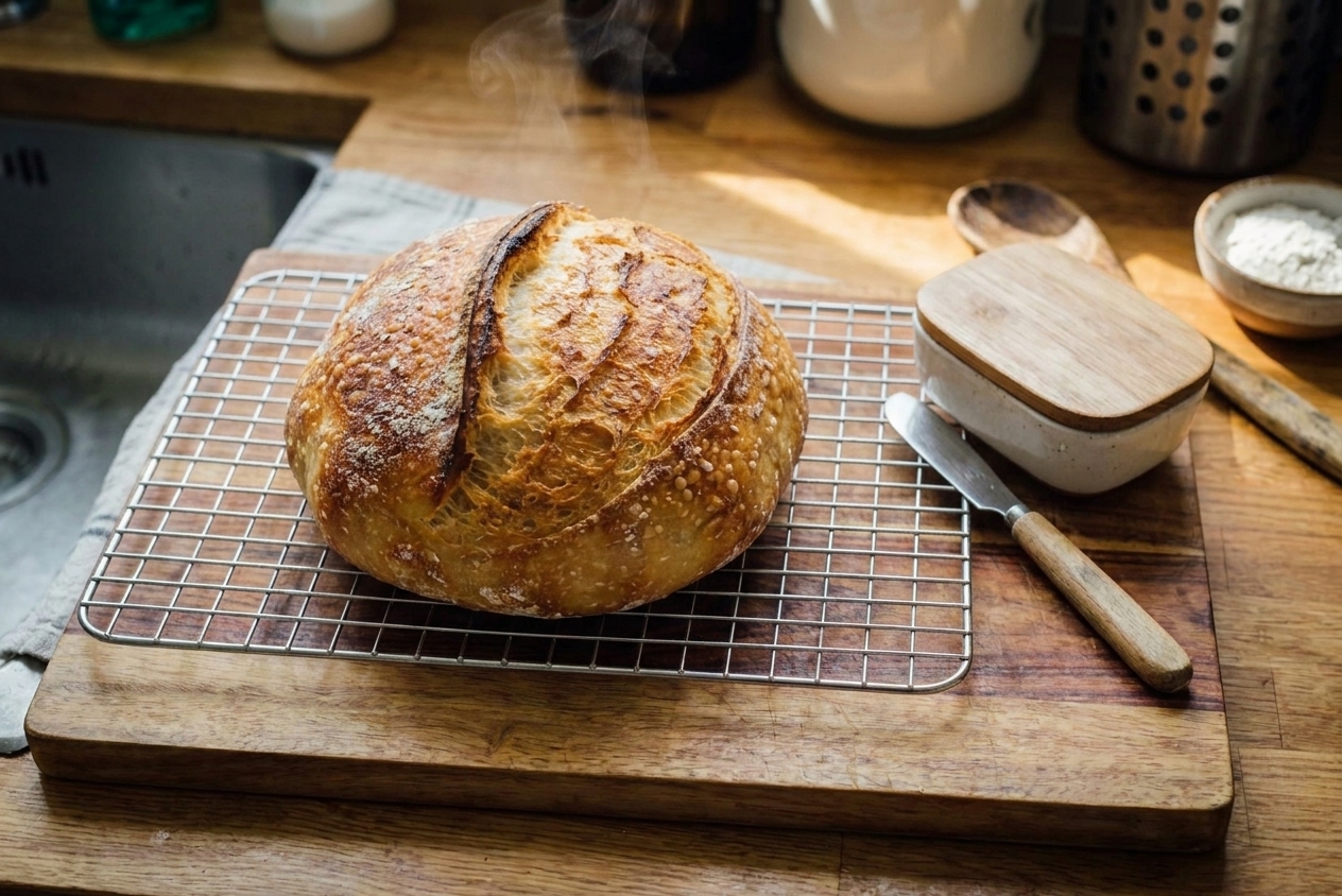 A freshly baked sourdough loaf cooling on a wire rack with a cutting board and butter dish nearby on a kitchen counter