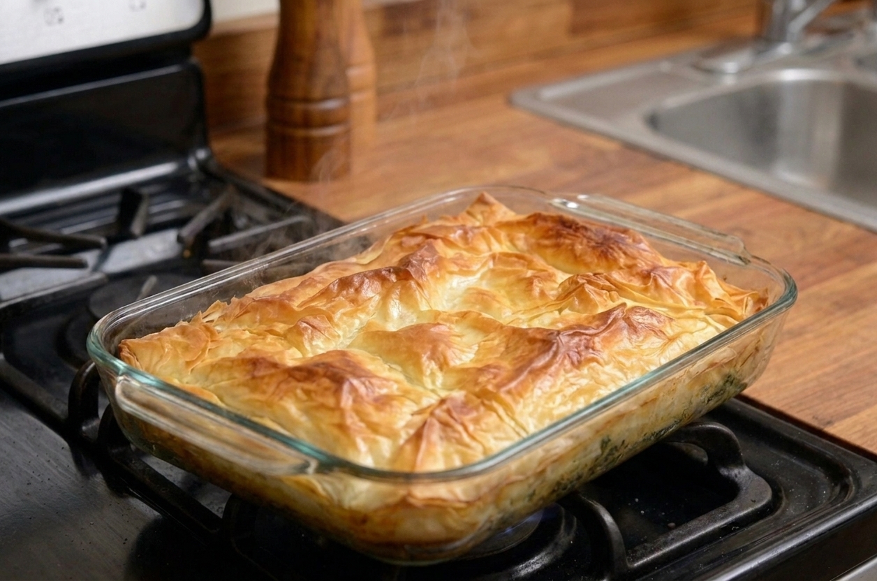 A freshly baked spinach pie in a glass baking dish with a deeply golden, flaky phyllo top on a kitchen counter