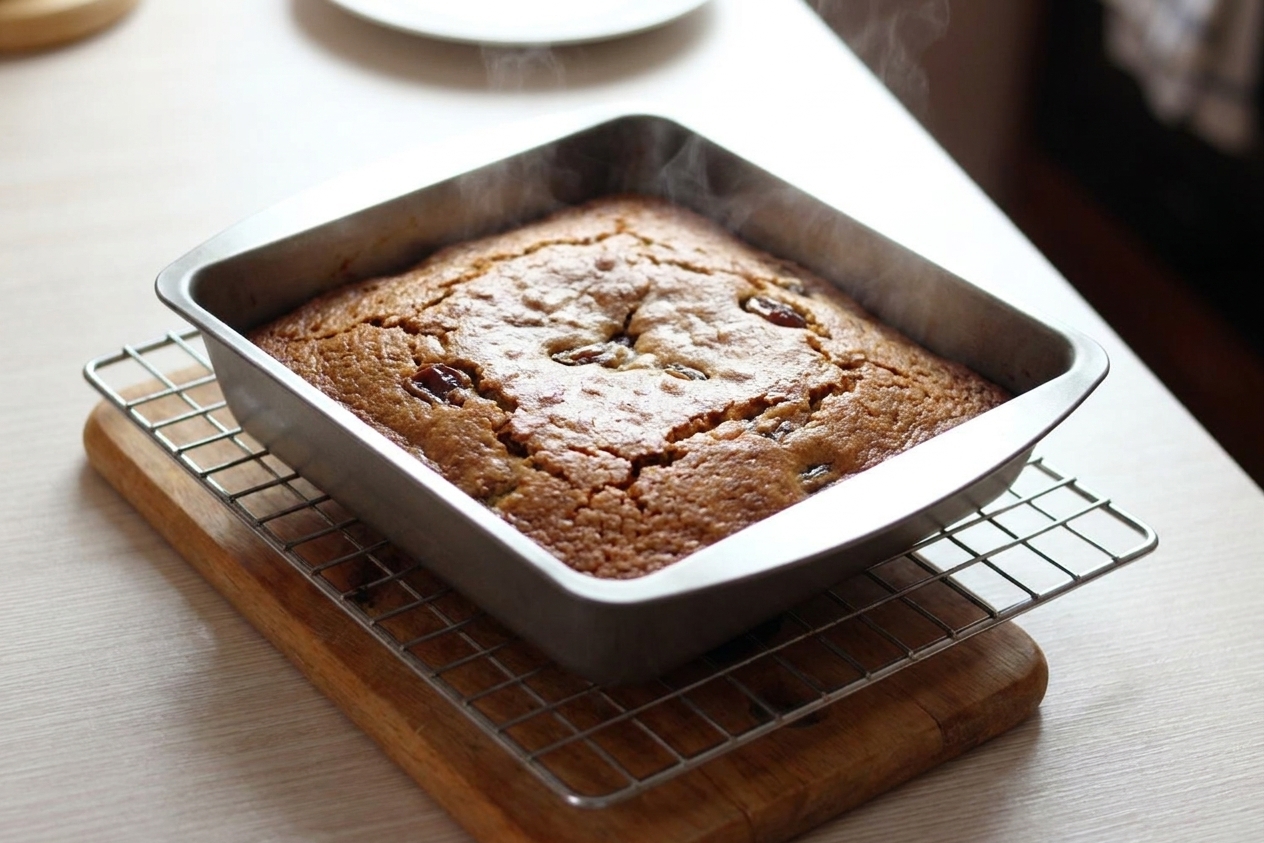 A freshly baked sticky date pudding in an 8x8-inch pan with a golden brown top cooling on a wire rack