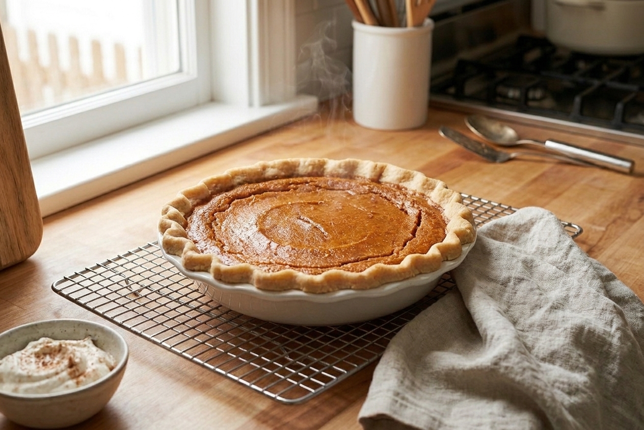 A freshly baked sweet potato pie cooling on a wire rack on a kitchen counter