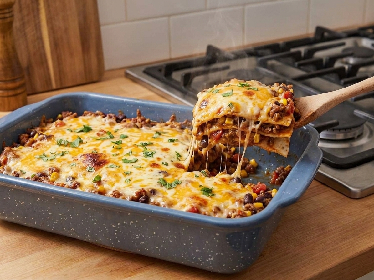 A freshly baked taco lasagna in a casserole dish with melted cheese on top, just out of the oven