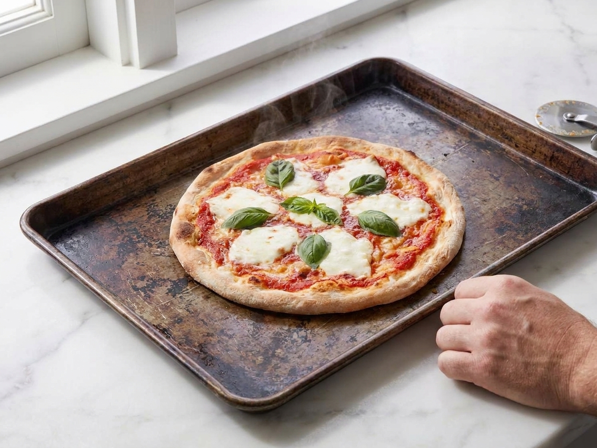 A freshly baked thin crust pizza on a dark metal sheet pan with blistered edges and lightly browned crust, set on a warm kitchen counter under soft natural light