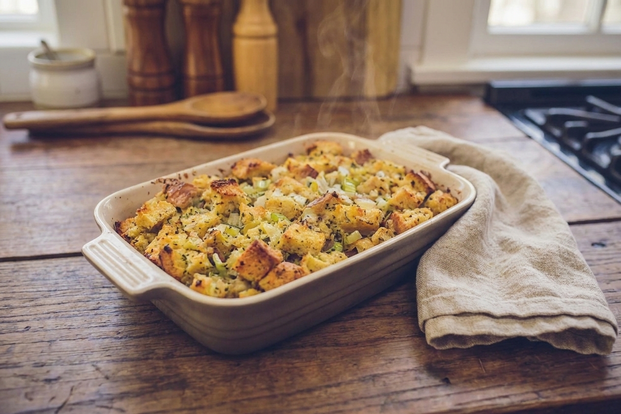 A freshly baked turkey dressing casserole with a crisp golden top sitting on a kitchen counter beside a folded towel