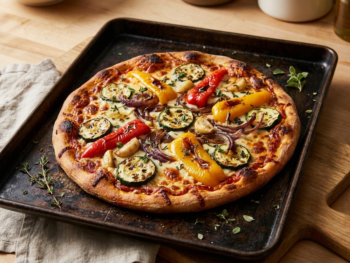 A freshly baked vegetable pizza on a dark sheet pan with blistered roasted peppers, zucchini, red onion, browned mozzarella, and crisp golden crust edges on a warm kitchen counter
