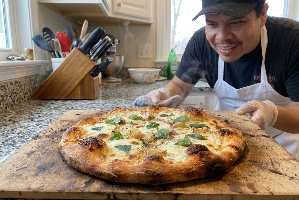 A freshly baked white pizza with a golden blistered crust, creamy ricotta swirls, melted mozzarella, and scattered basil on a pizza stone