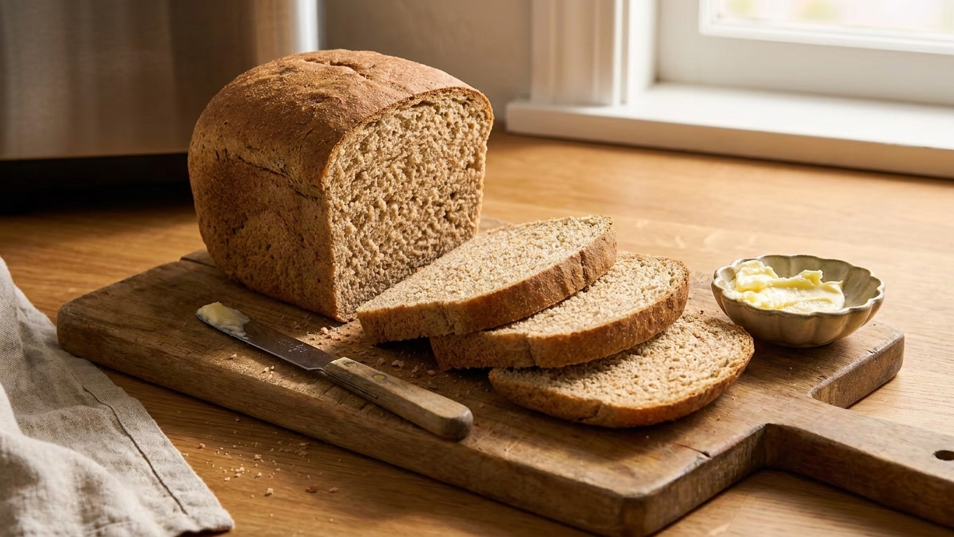A freshly baked whole wheat bread machine loaf sliced on a wooden cutting board, with a butter knife and a small dish of butter on a cozy kitchen counter in warm natural light