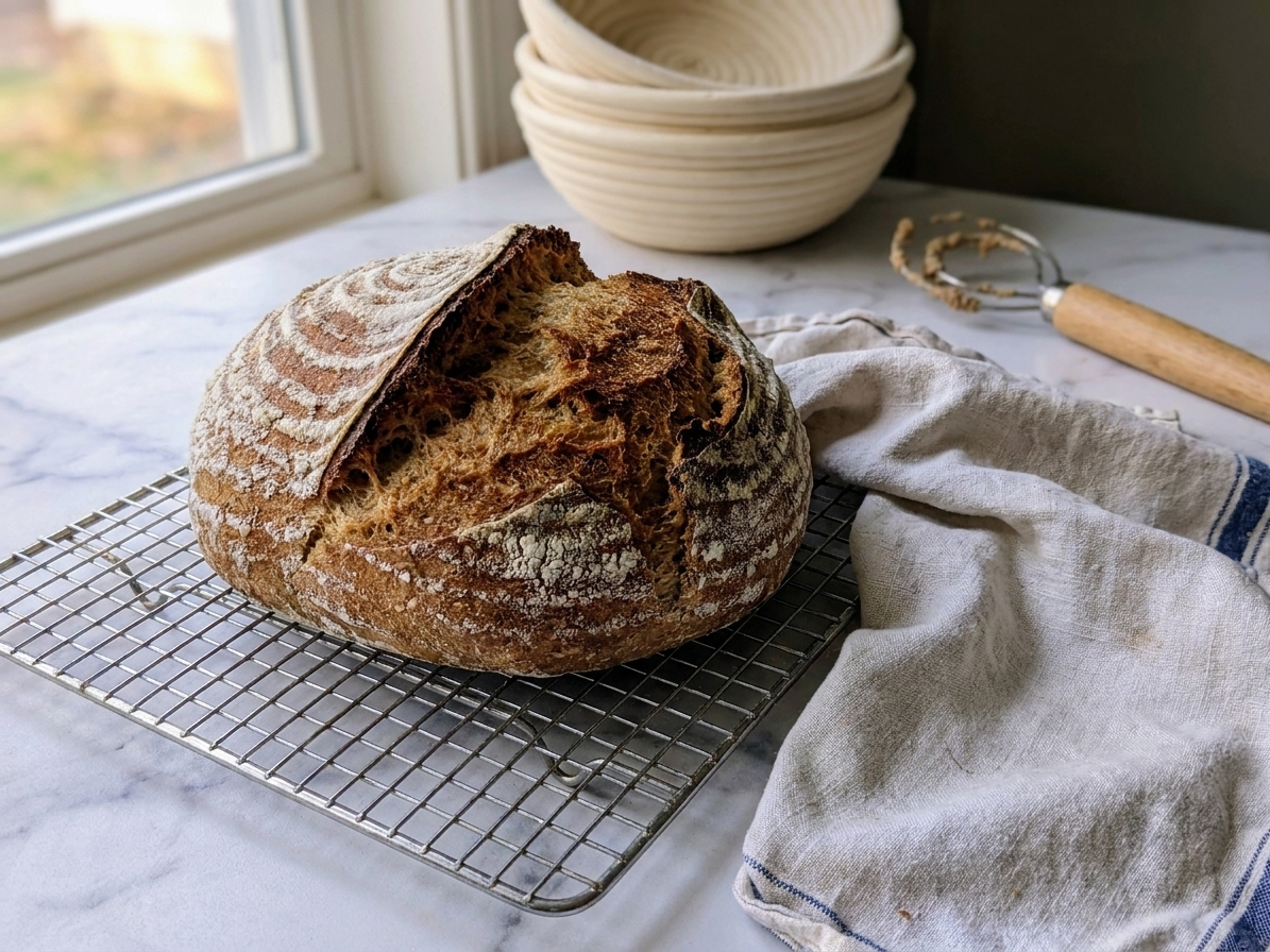 A freshly baked whole wheat sourdough loaf cooling on a wire rack with a kitchen towel nearby on a warm, softly lit counter