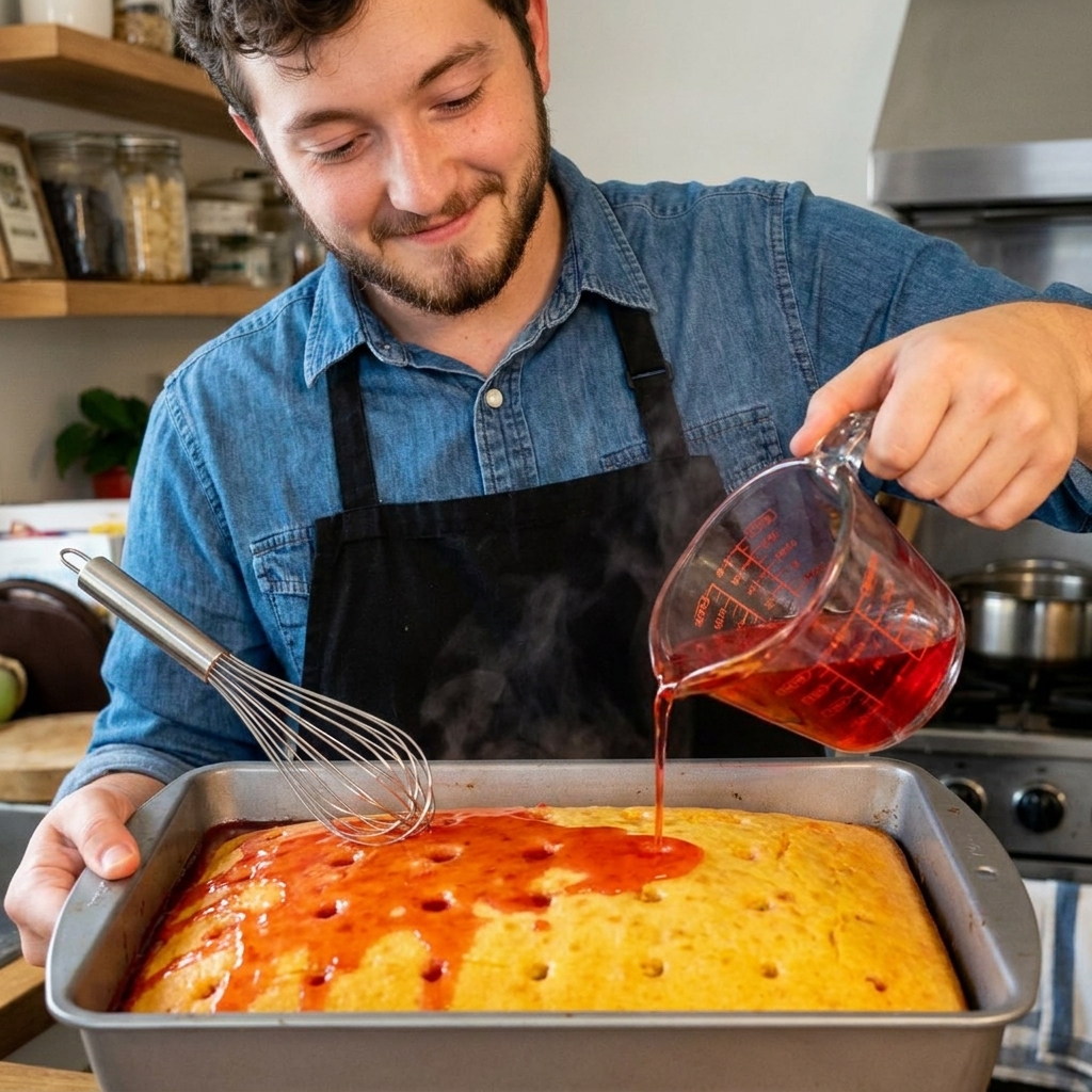 A freshly baked yellow cake in a 9x13 pan with holes poked throughout while warm strawberry gelatin is being poured evenly over the surface, close-up food photography