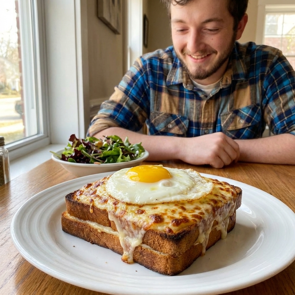 A freshly broiled Croque Madame on a white plate, open-faced brioche topped with bubbling browned Gruyère and béchamel, a glossy runny fried egg on top, with a small green salad in the background, natural window light