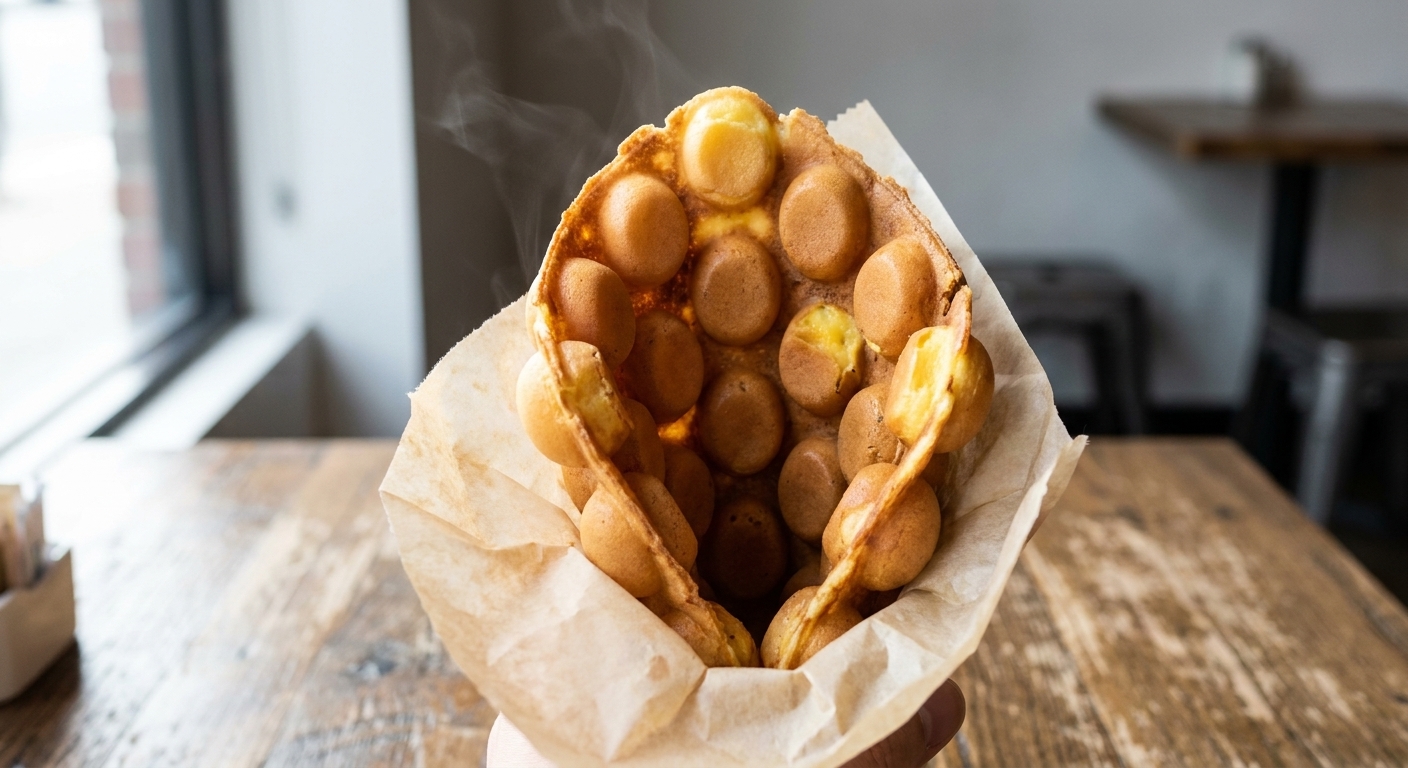 A freshly cooked Hong Kong bubble egg waffle folded into a cone shape on parchment paper, golden brown with crisp bubbles and a soft custardy interior visible, natural window light