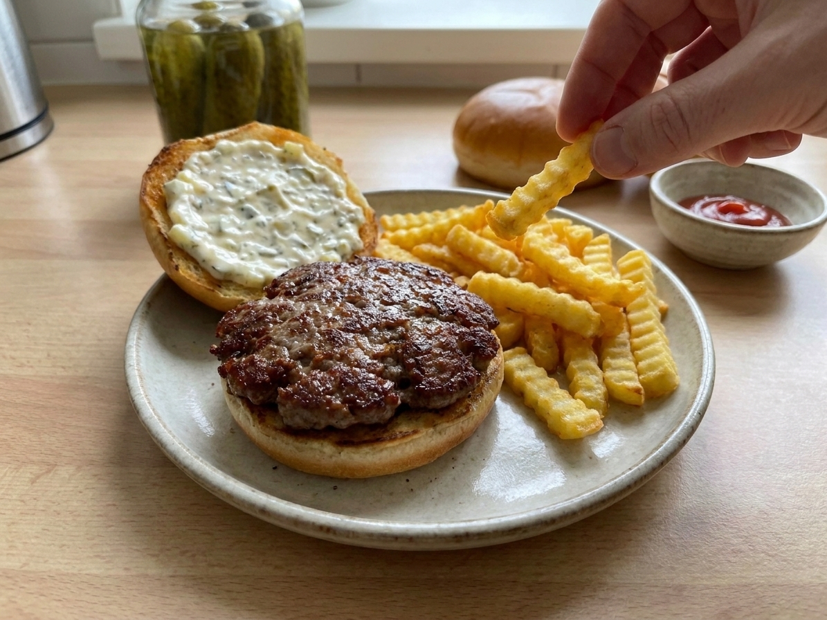 A freshly cooked smash burger on a plate with sauce spread on the bun and crinkle-cut fries on the side