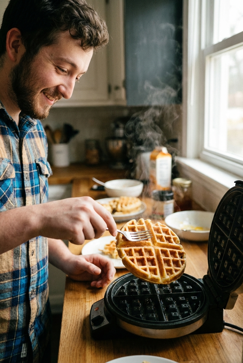 A freshly cooked waffle being lifted from the waffle iron with a fork, showing a crisp exterior