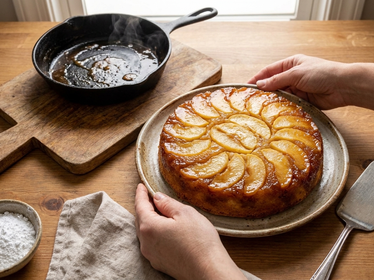 A freshly flipped apple upside-down cake on a serving plate, topped with glossy caramelized apple slices and a golden butter cake crumb, on a warm kitchen table