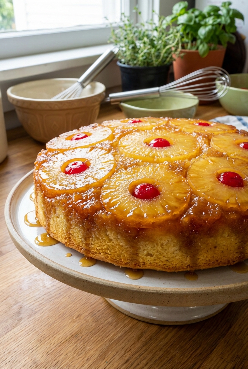 A freshly flipped pineapple upside down cake on a cake stand with glossy caramelized pineapple rings and cherries