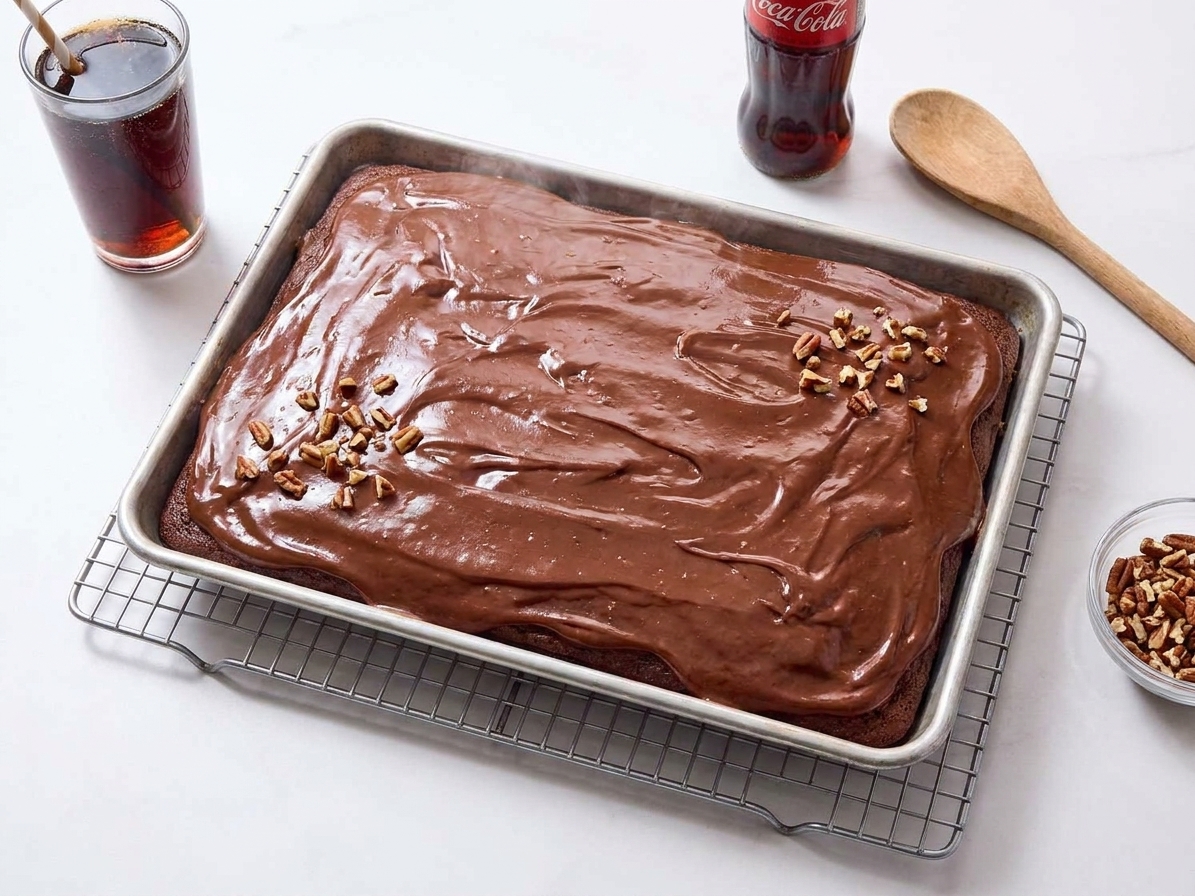 A freshly frosted Coca-Cola chocolate sheet cake cooling in the baking pan on a wire rack