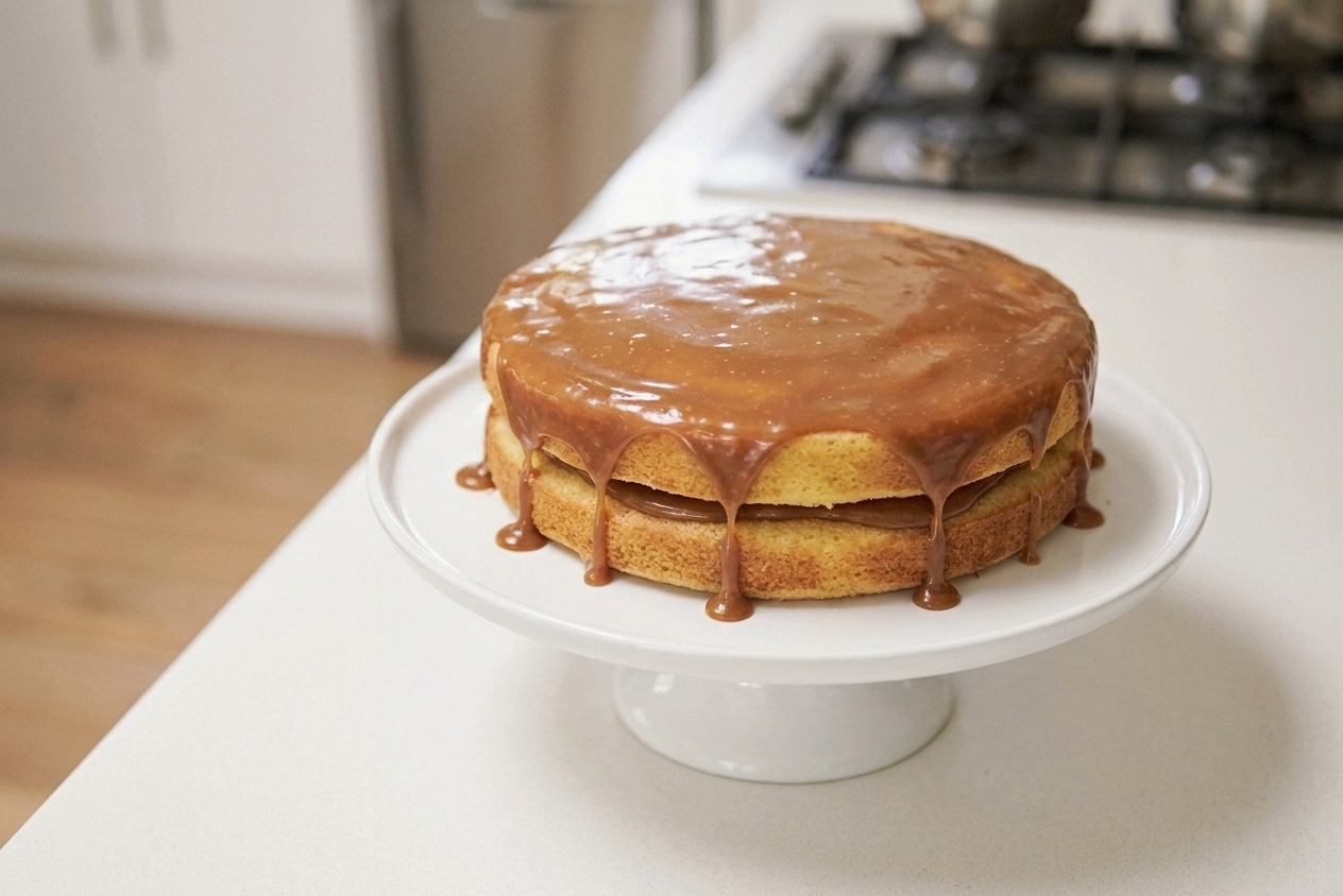 A freshly frosted yellow layer cake on a white cake stand, coated in glossy caramel icing with gentle drips down the sides