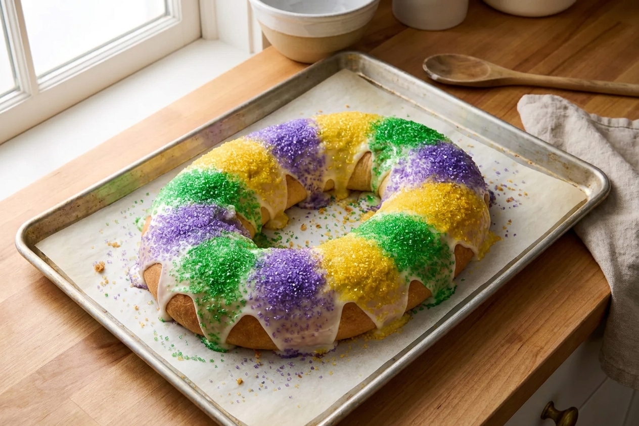 A freshly glazed Mardi Gras king cake on a parchment-lined baking sheet, topped with purple, green, and gold sanding sugar on a warm kitchen counter