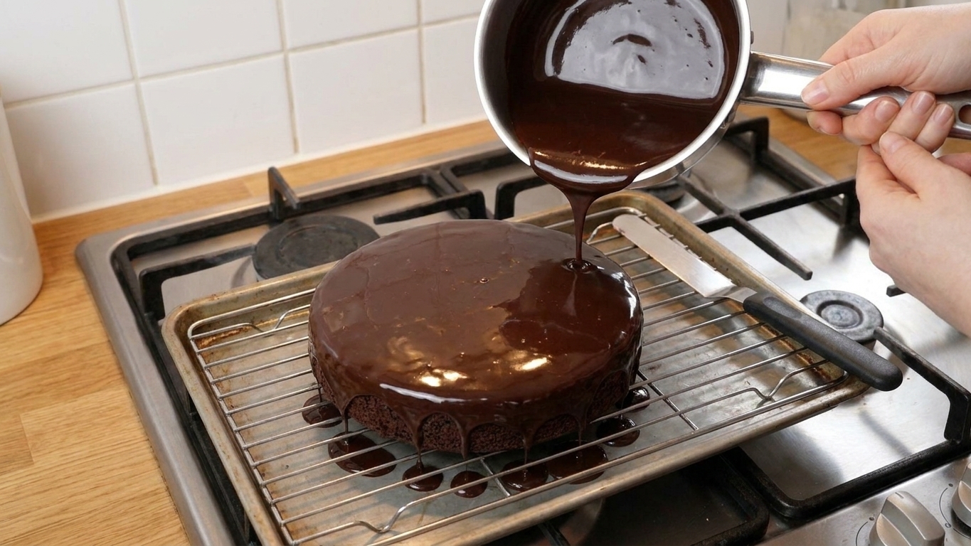 A freshly glazed Sachertorte sitting on a wire rack over a baking sheet, chocolate glaze dripping smoothly down the sides