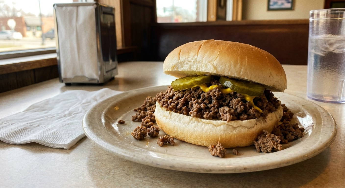 A freshly made Iowa-style loose meat sandwich on a soft white bun, filled with finely crumbled savory ground beef and topped with pickle slices and a streak of yellow mustard, photographed on a diner-style plate in natural window light