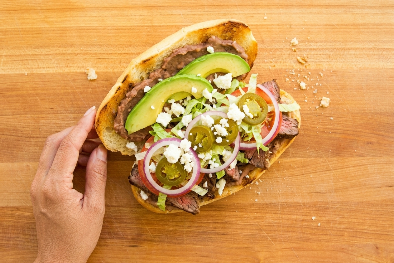 A freshly made Mexican torta on a wooden cutting board, bolillo roll split and toasted, filled with sliced steak, refried beans, avocado, cheese, lettuce, tomato, onion, and pickled jalapeños, with a few crumbs scattered on the counter