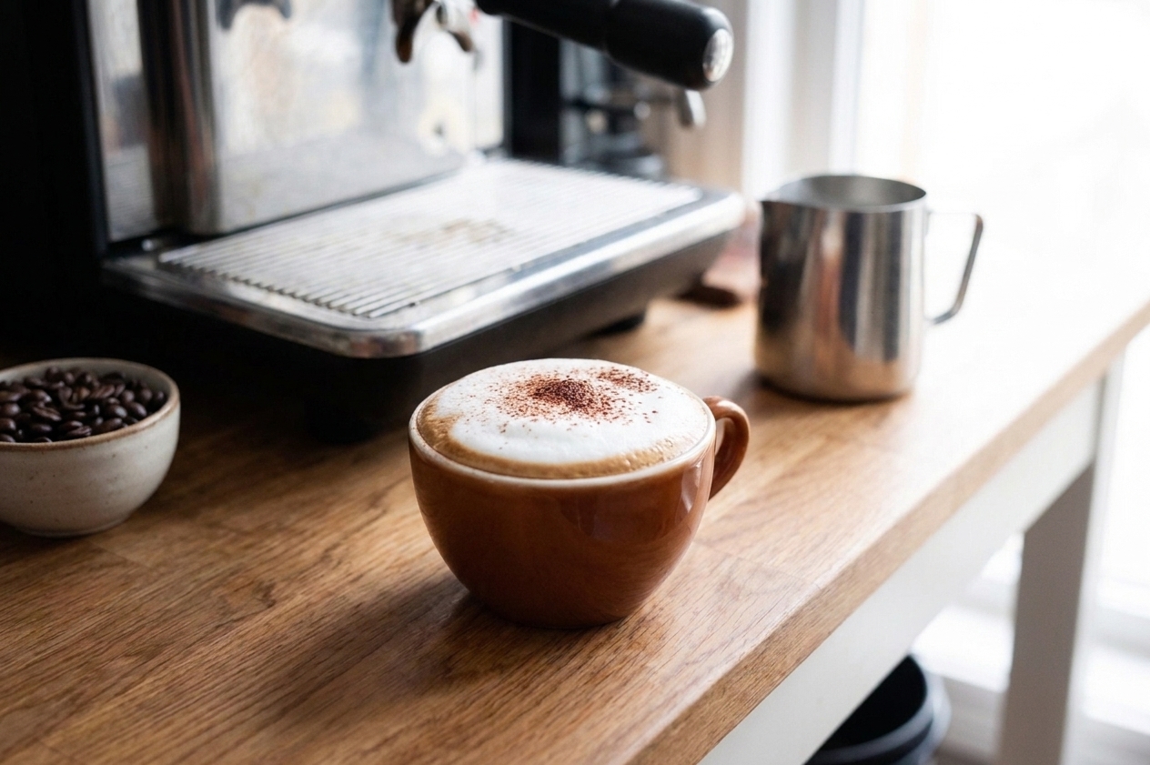 A freshly made cappuccino in a small ceramic cup on a kitchen counter, with a thick layer of foam and a light dusting of cocoa powder