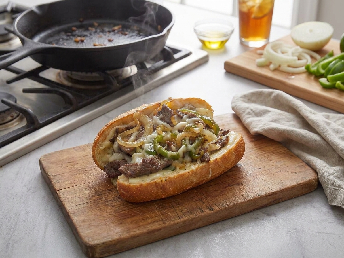 A freshly made cheesesteak on a toasted hoagie roll, filled with chopped steak, sweet golden onions, and melted provolone, sitting on a simple wooden cutting board in a warm home kitchen