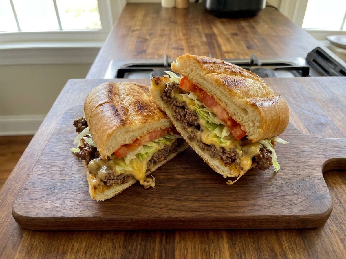 A freshly made chopped cheese sandwich on a toasted hero roll, filled with chopped beef and melted American cheese, topped with shredded lettuce and tomato, served on a wooden cutting board in a bright home kitchen