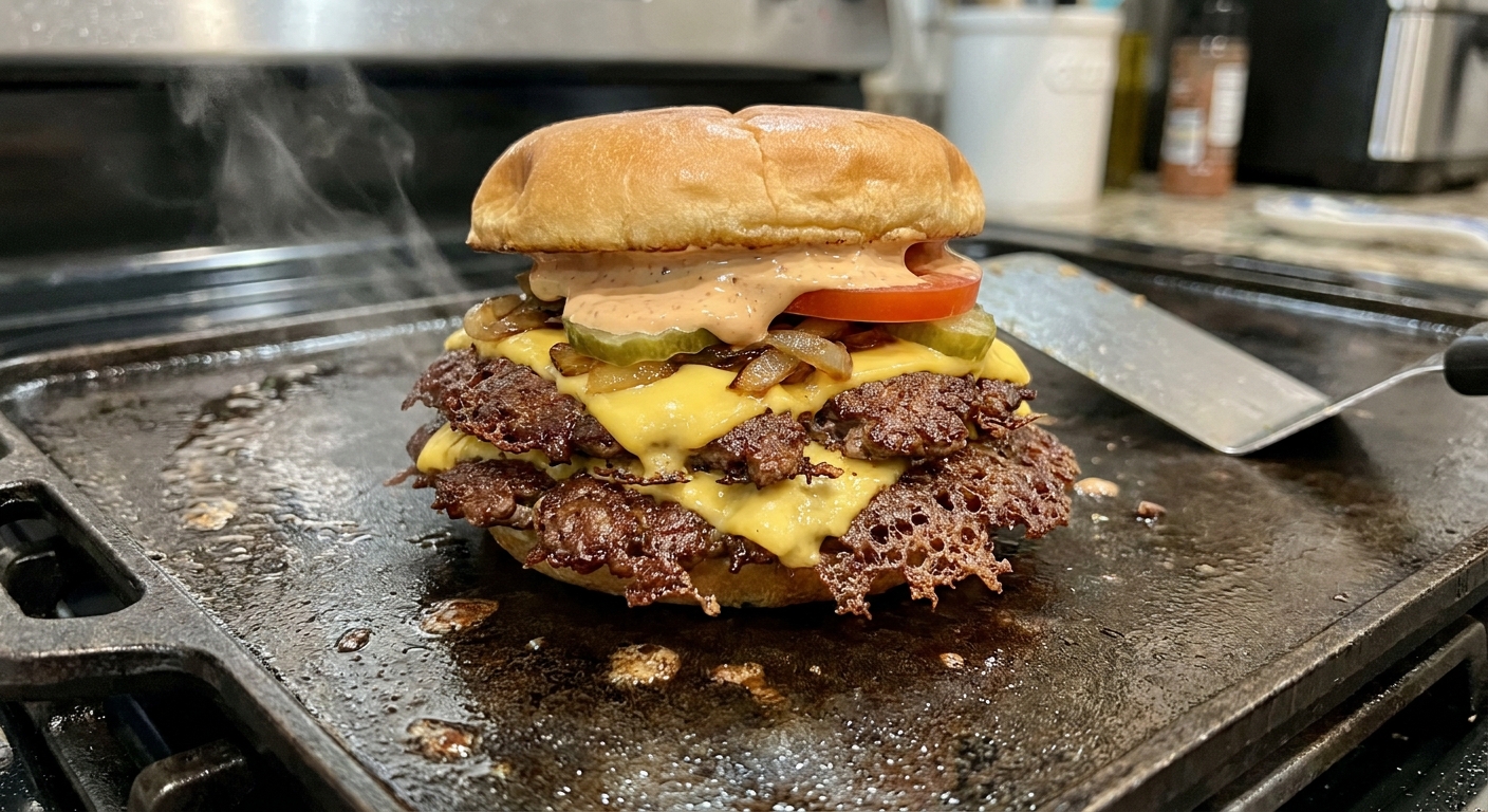 A freshly made copycat In-N-Out Animal Style double burger on a toasted bun with melted American cheese, pickles, grilled onions, tomato, and creamy spread, sitting on a kitchen griddle with crisp lacey patty edges visible