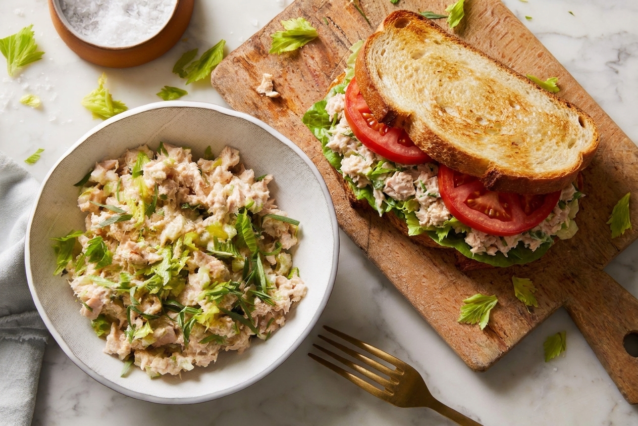 A freshly made tuna salad sandwich on toasted sourdough with lettuce and sliced tomato on a simple kitchen table in natural light
