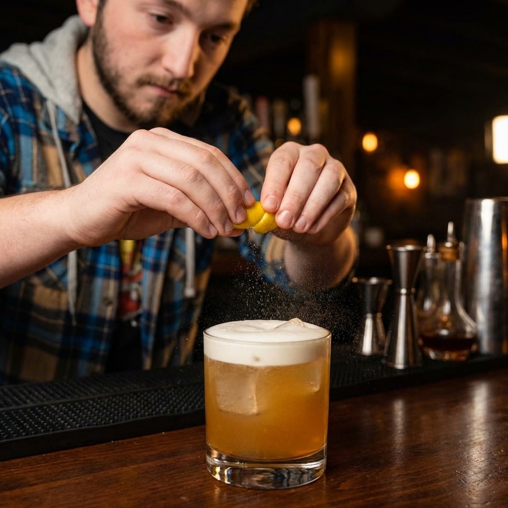 A freshly made whiskey sour in a rocks glass being garnished with a lemon twist held over the drink, with visible citrus oils misting over the foam
