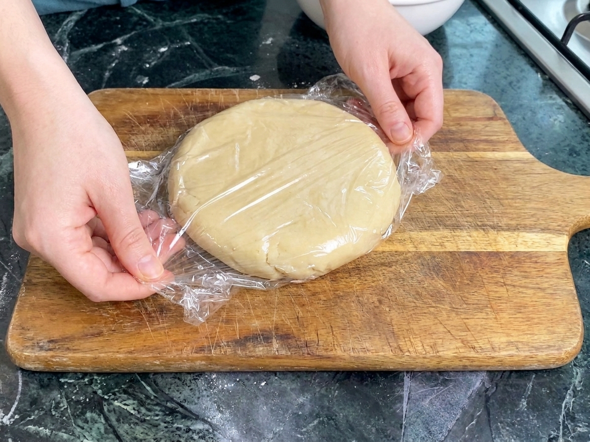 A freshly mixed pie dough disc being wrapped tightly in plastic wrap on a wooden cutting board