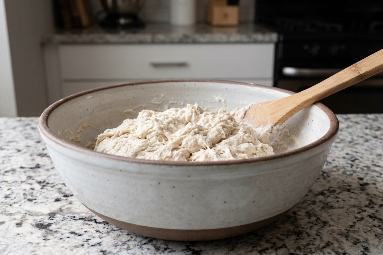 A freshly mixed sourdough dough resting in a large bowl, with no dry flour remaining and a rough, shaggy surface