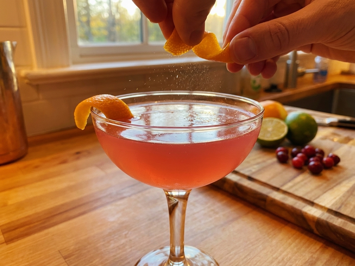 A freshly poured Cosmopolitan in a coupe glass with an orange twist being expressed over the surface on a warm-lit kitchen counter