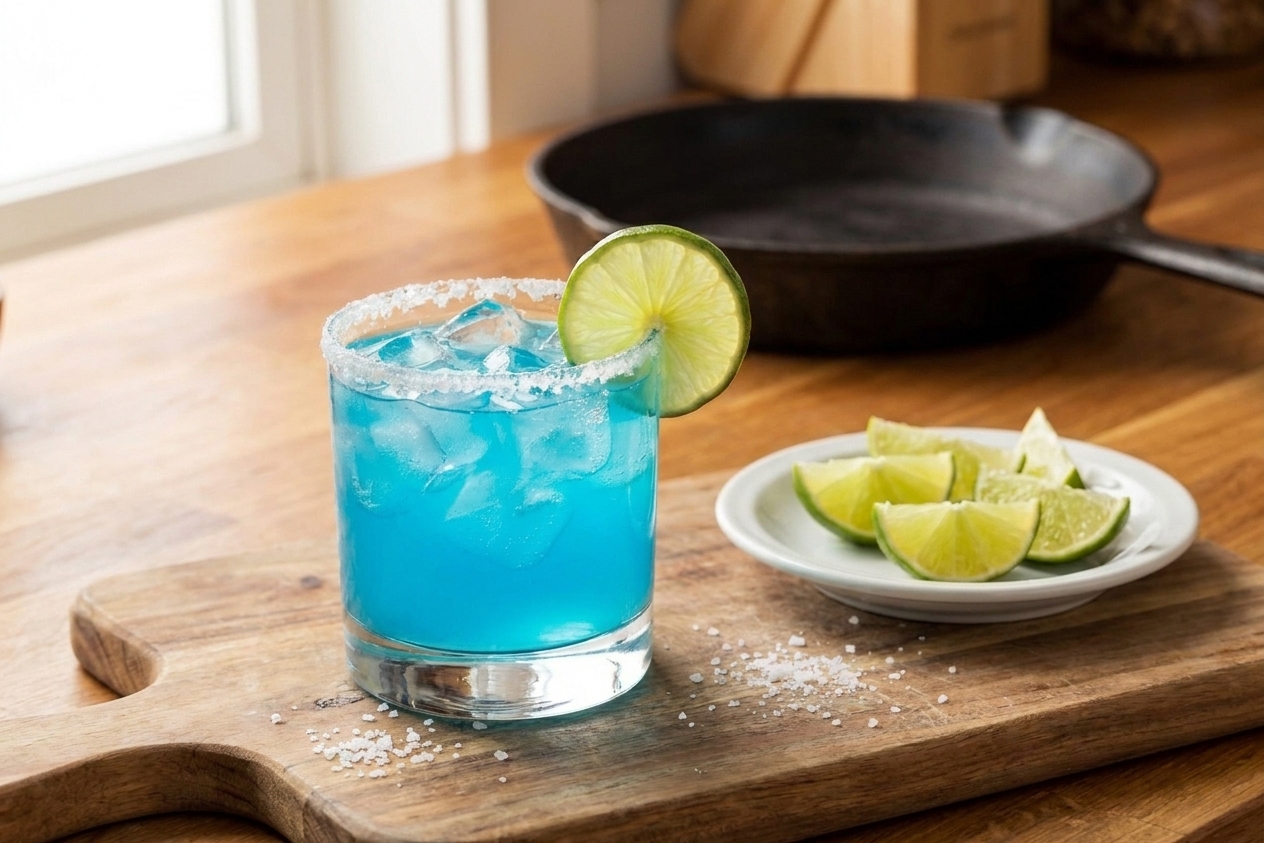 A freshly poured blue margarita over ice in a salt-rimmed glass with a lime wheel garnish on a wooden cutting board